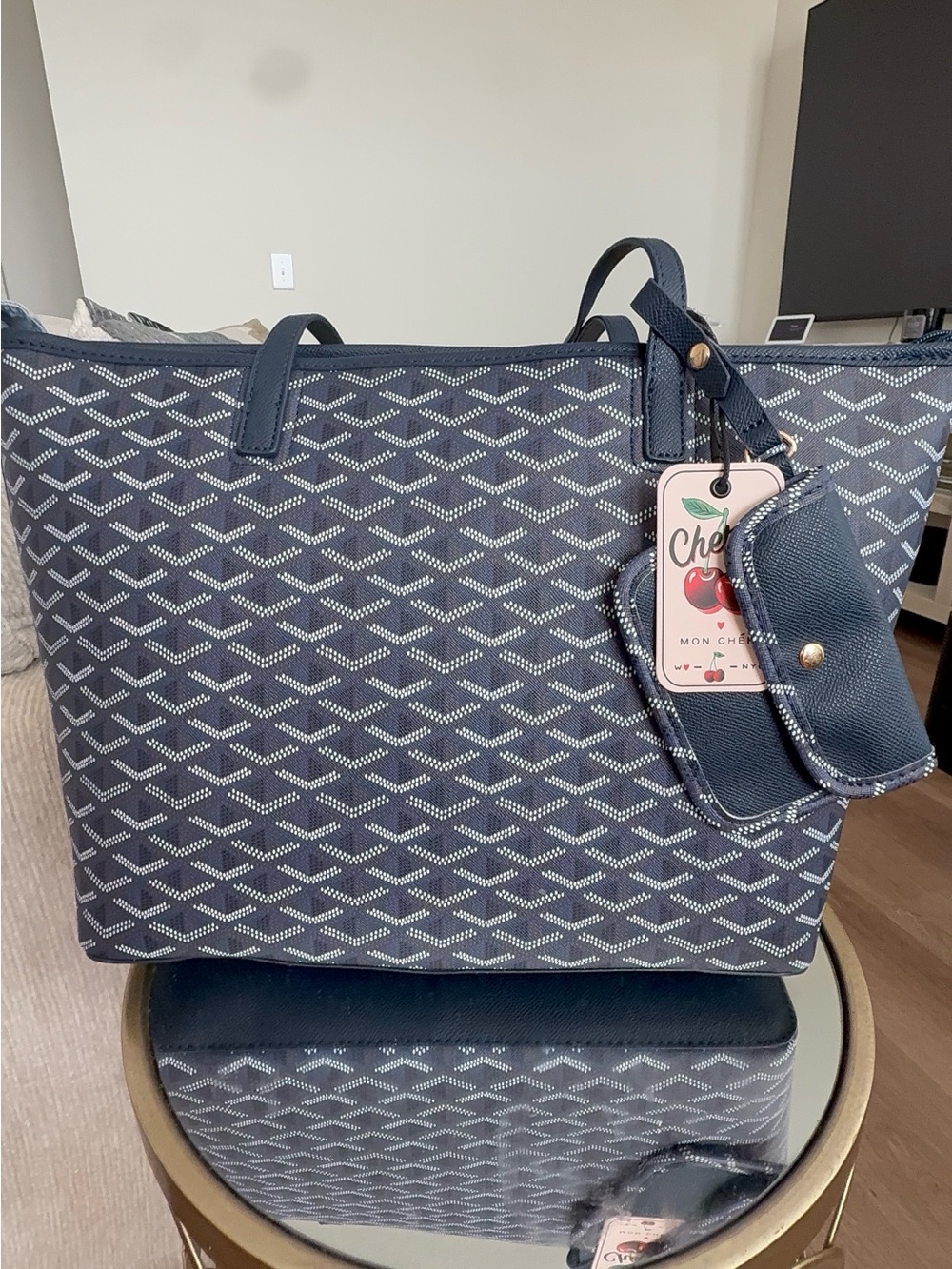 Mon Cheri Navy Geometric Tote with Coin Pouch.NOT A GOYARD BAG